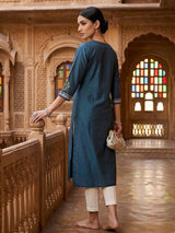 Teal blue silk thread and sequins casual kurti