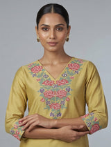 Khaki silk thread work elegant casual kurti