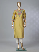 Khaki silk thread work elegant casual kurti