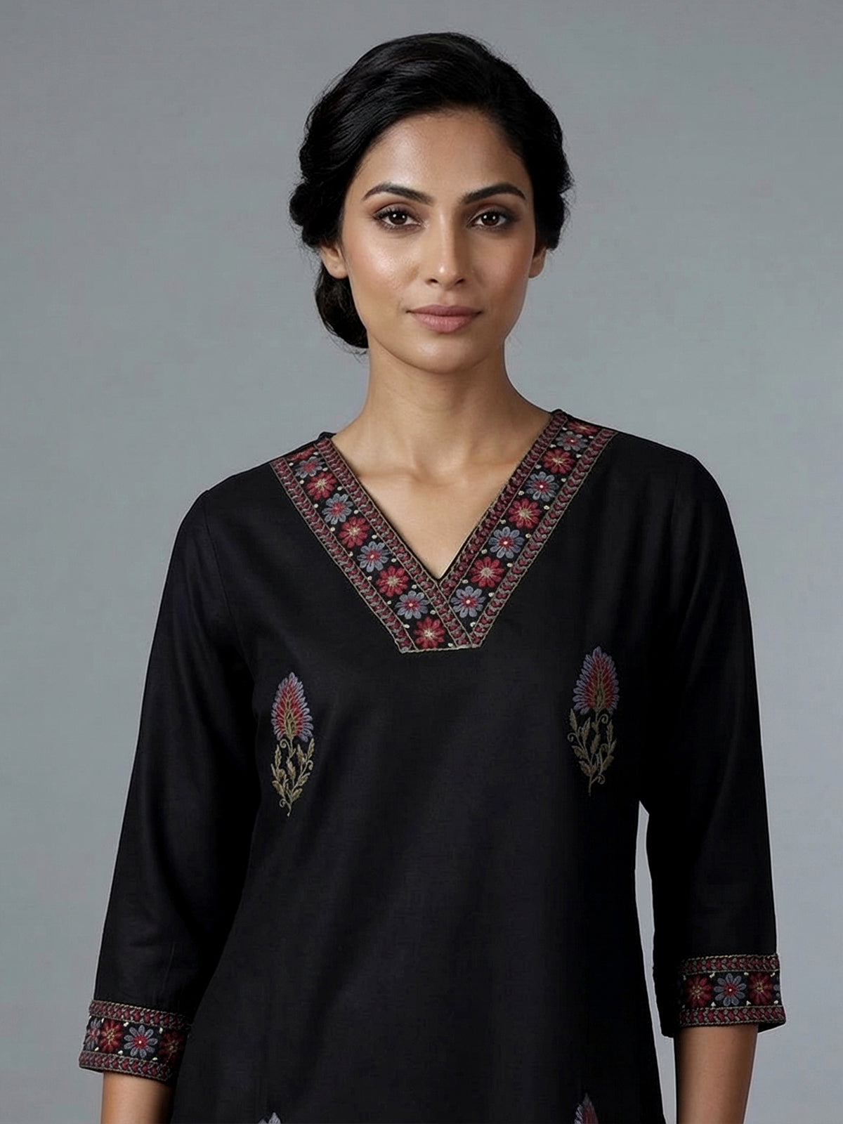Black cotton silk embroidered elegant casual kurti