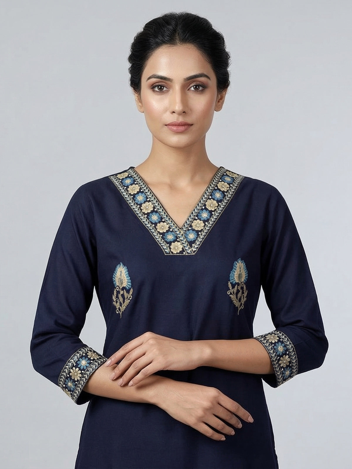 Navy blue cotton silk embroidered casual kurti
