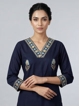 Navy blue cotton silk embroidered casual kurti