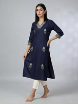 Navy blue cotton silk embroidered casual kurti