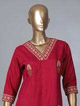 Bright maroon cotton silk embroidered elegant casual kurti