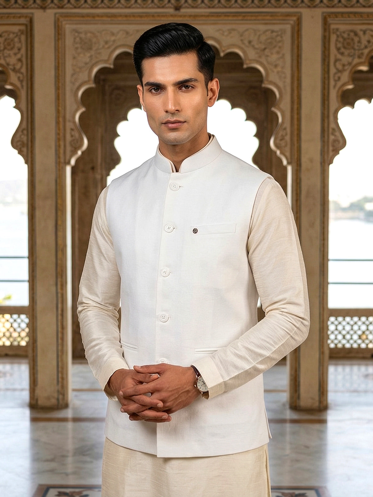 Plain white terry rayon waistcoat for men