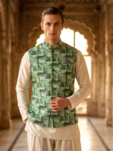 Elegant pista green printed waistcoat in silk