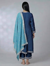 Blue silk resham diamond embellished festive palazzo suit