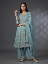 Sky blue silk pakistani style embellished palazzo suit