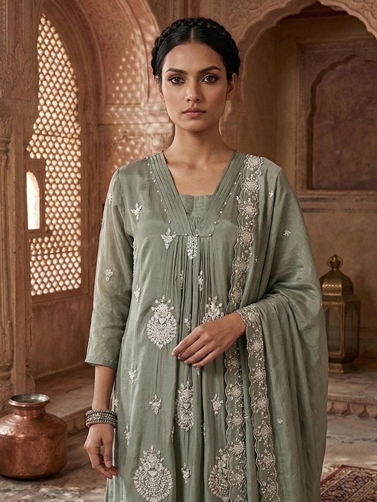 Olive silk thread embellished festive salwar suit