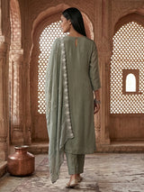 Olive silk thread embellished festive salwar suit