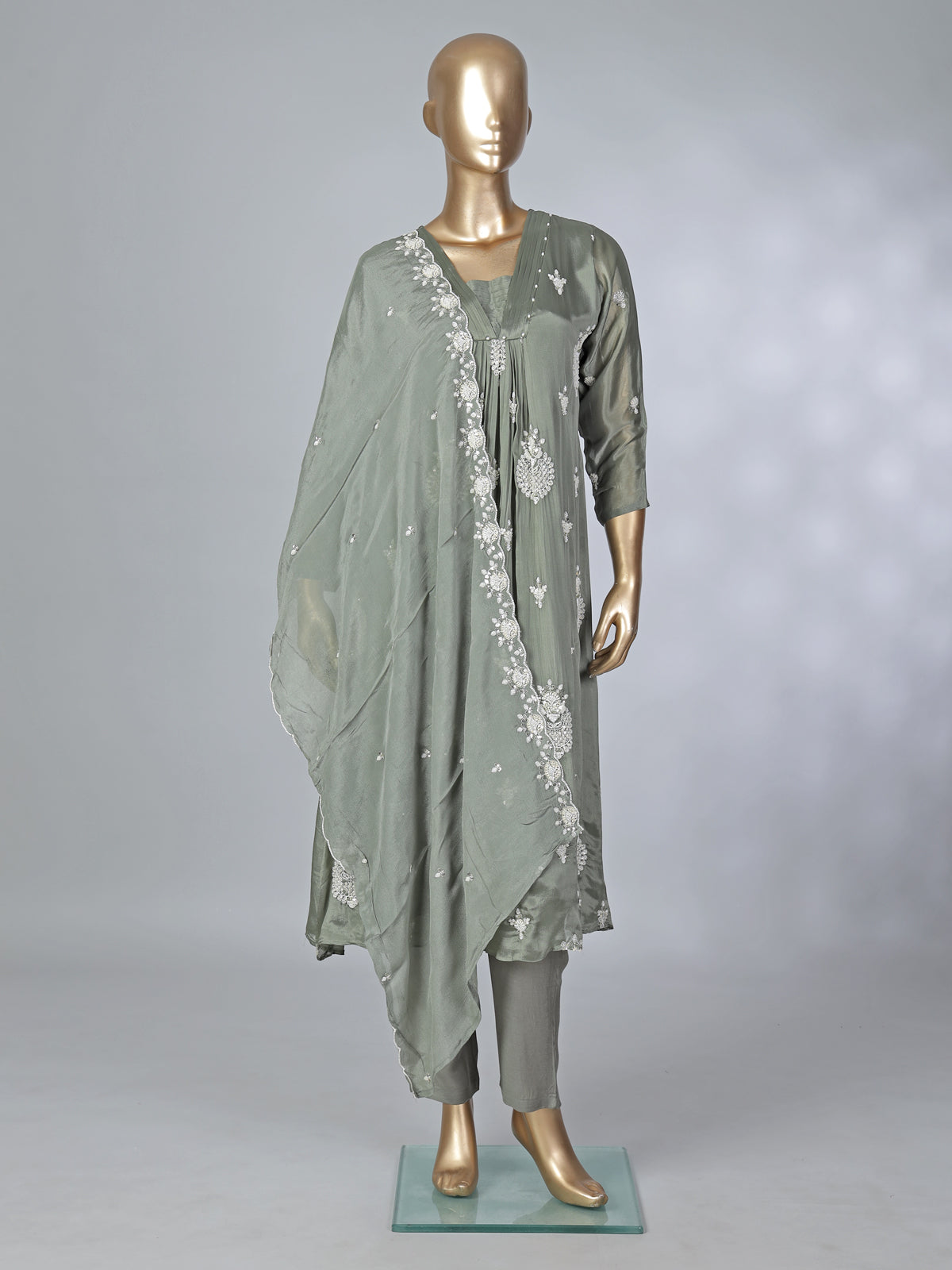 Olive silk thread embellished festive salwar suit