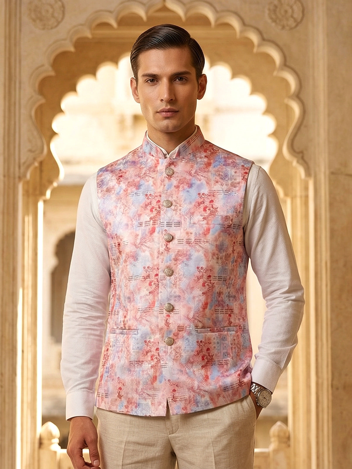 Pink brocade waistcoat with sequins detailing