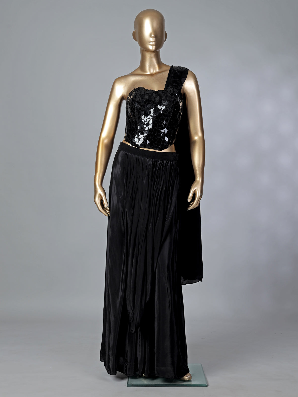 Black satin silk mirror designer suit with attached dupatta