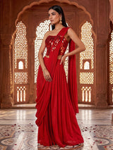 Red satin silk mirror designer suit with attached dupatta