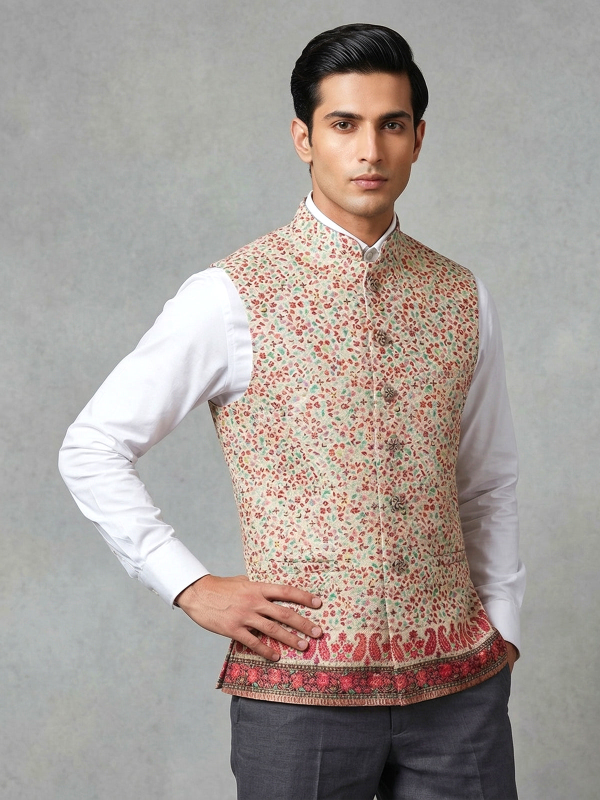 Beige cotton silk waistcoat with colorful motifs