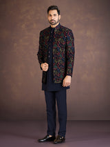 Navy blue velvet Indo western jacket set with embroidery