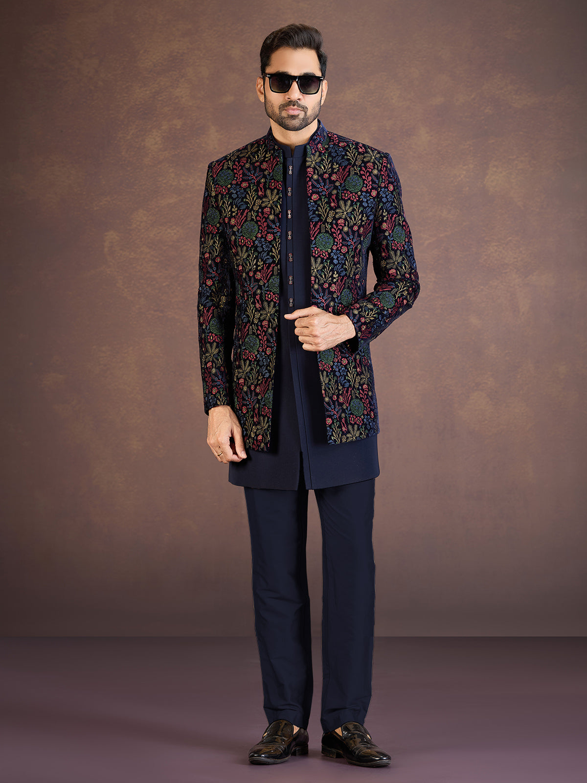Navy blue velvet Indo western jacket set with embroidery