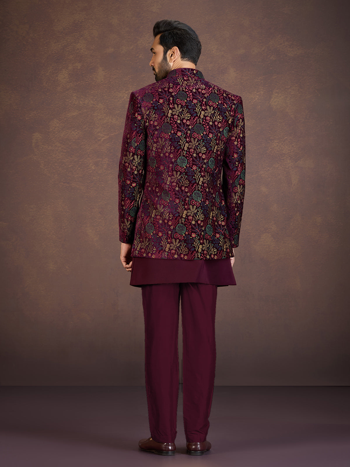 Wine velvet Indo western jacket set with multicolour embroidery