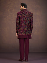 Wine velvet Indo western jacket set with multicolour embroidery