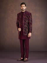 Wine velvet Indo western jacket set with multicolour embroidery