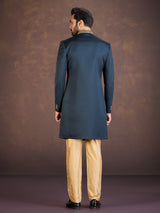 Teal blue jacquard Indo western set with embroidery