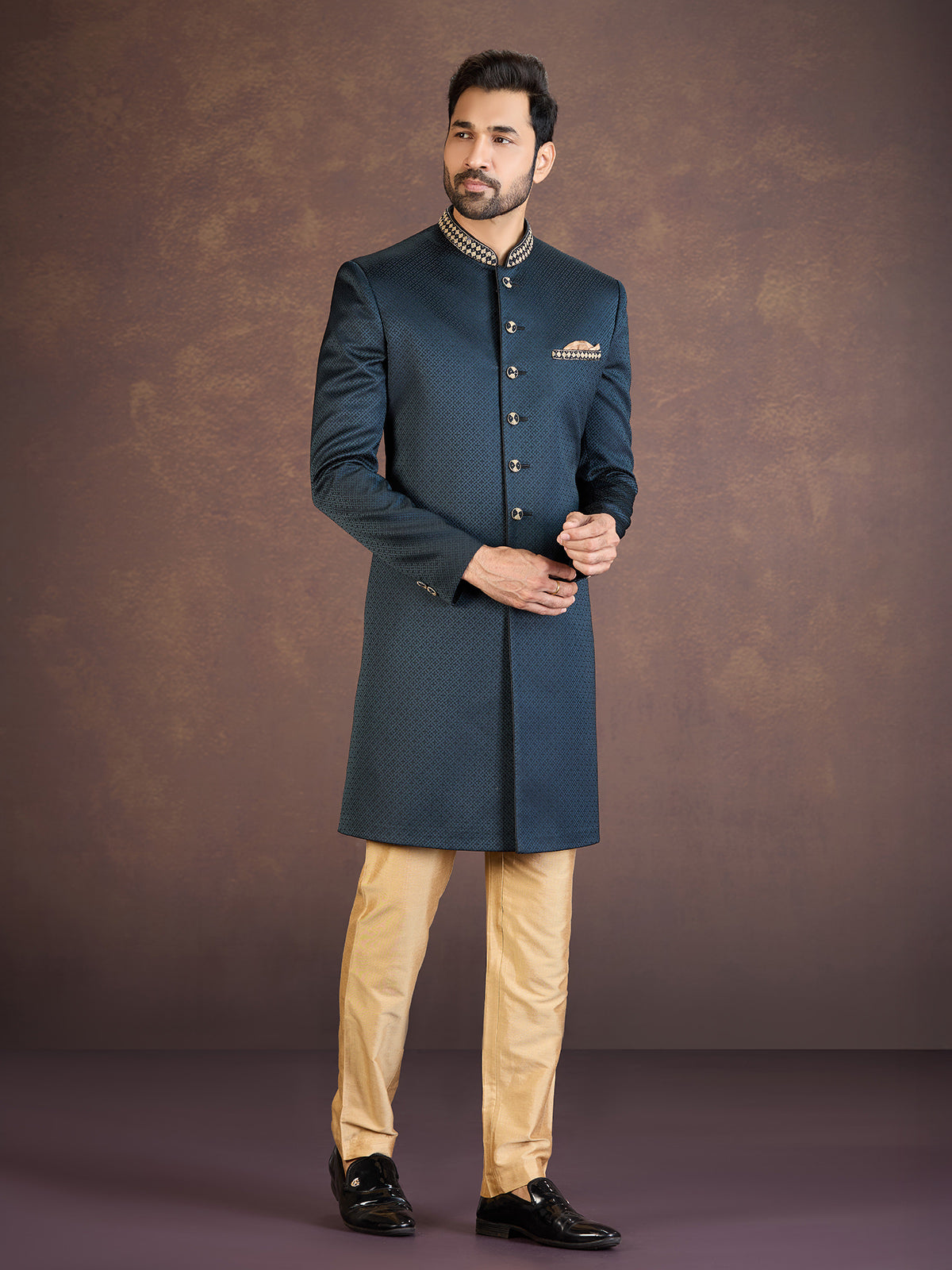 Teal blue jacquard Indo western set with embroidery