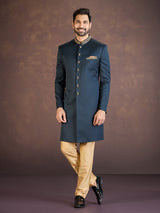 Teal blue jacquard Indo western set with embroidery