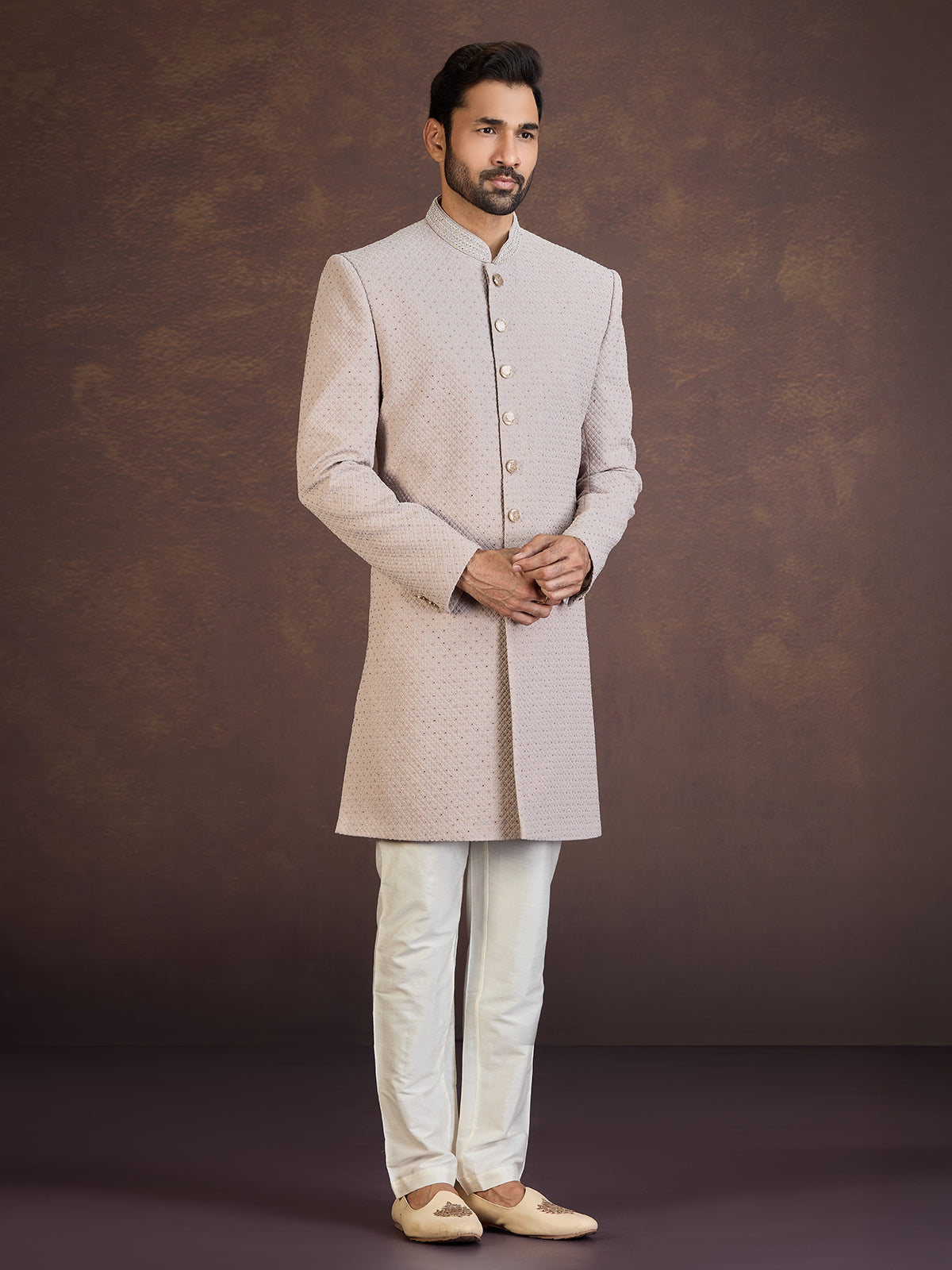 Light brown jacquard indo western set with stone work