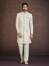 Beige jacquard Indo western set with elegant embellishment work