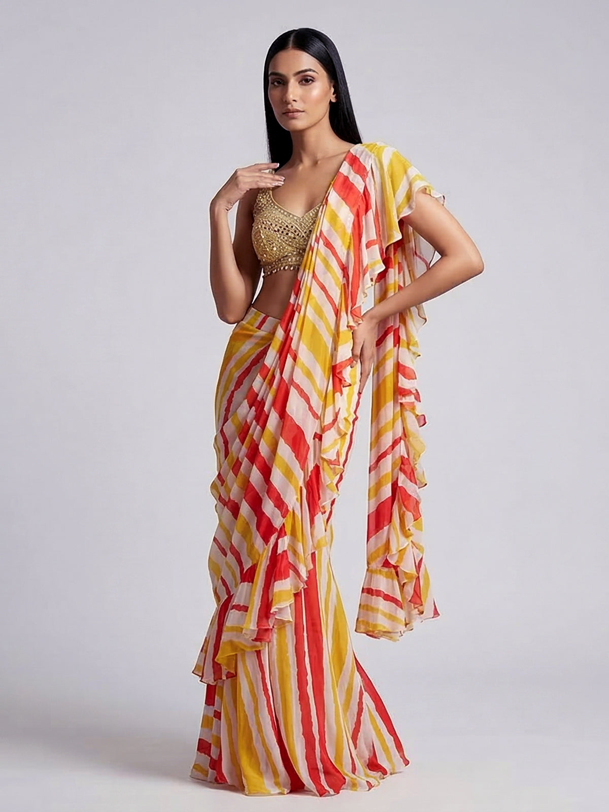 Yellow chiffon silk printed ready to wear saree