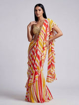 Yellow chiffon silk printed ready to wear saree