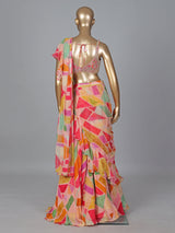 Peach chiffon silk printed ready to wear party saree