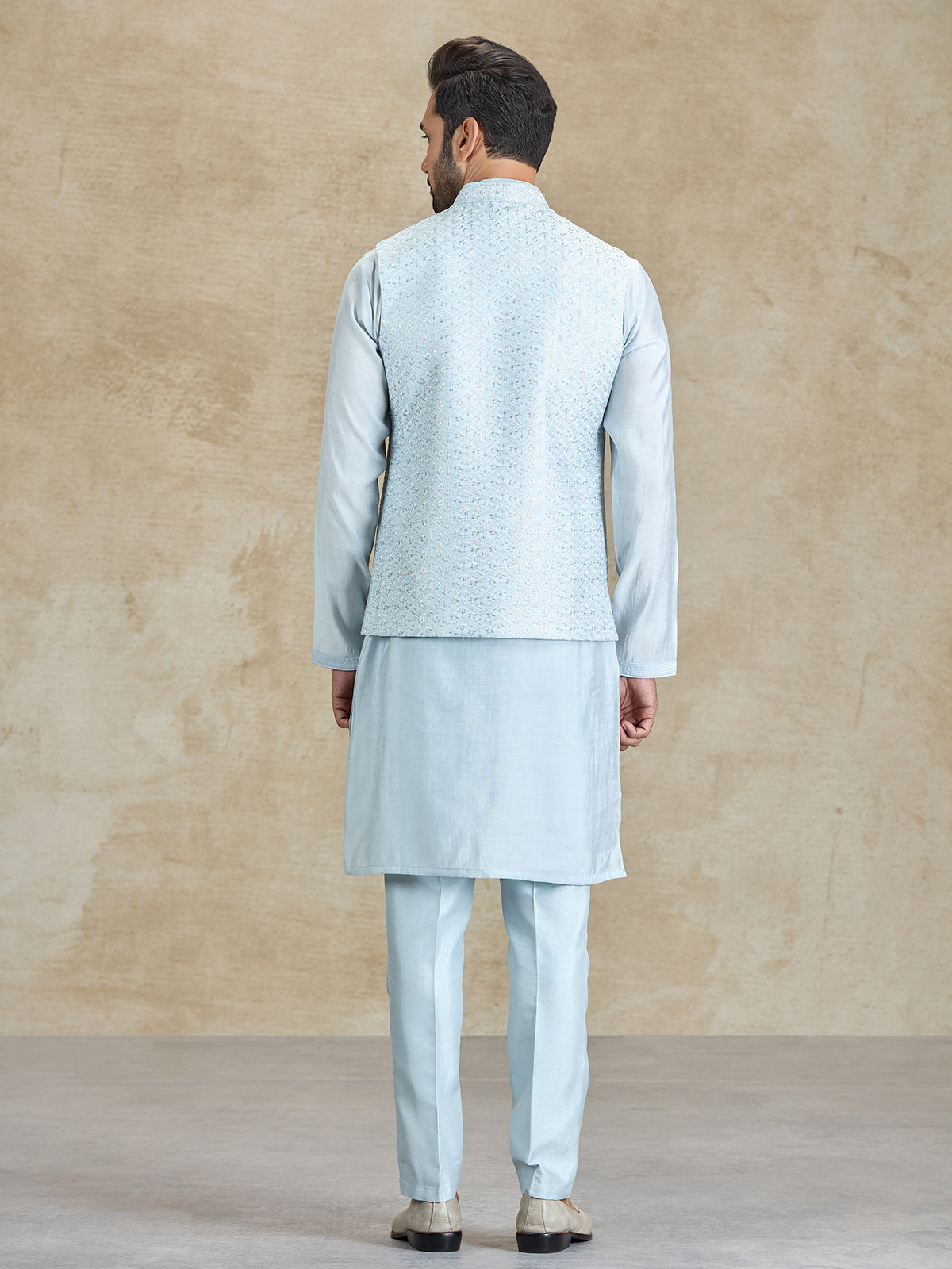 Light grey silk embroidered weaving waistcoat set