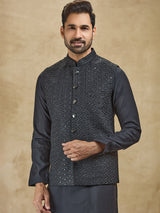Black silk embroidered waistcoat set for men