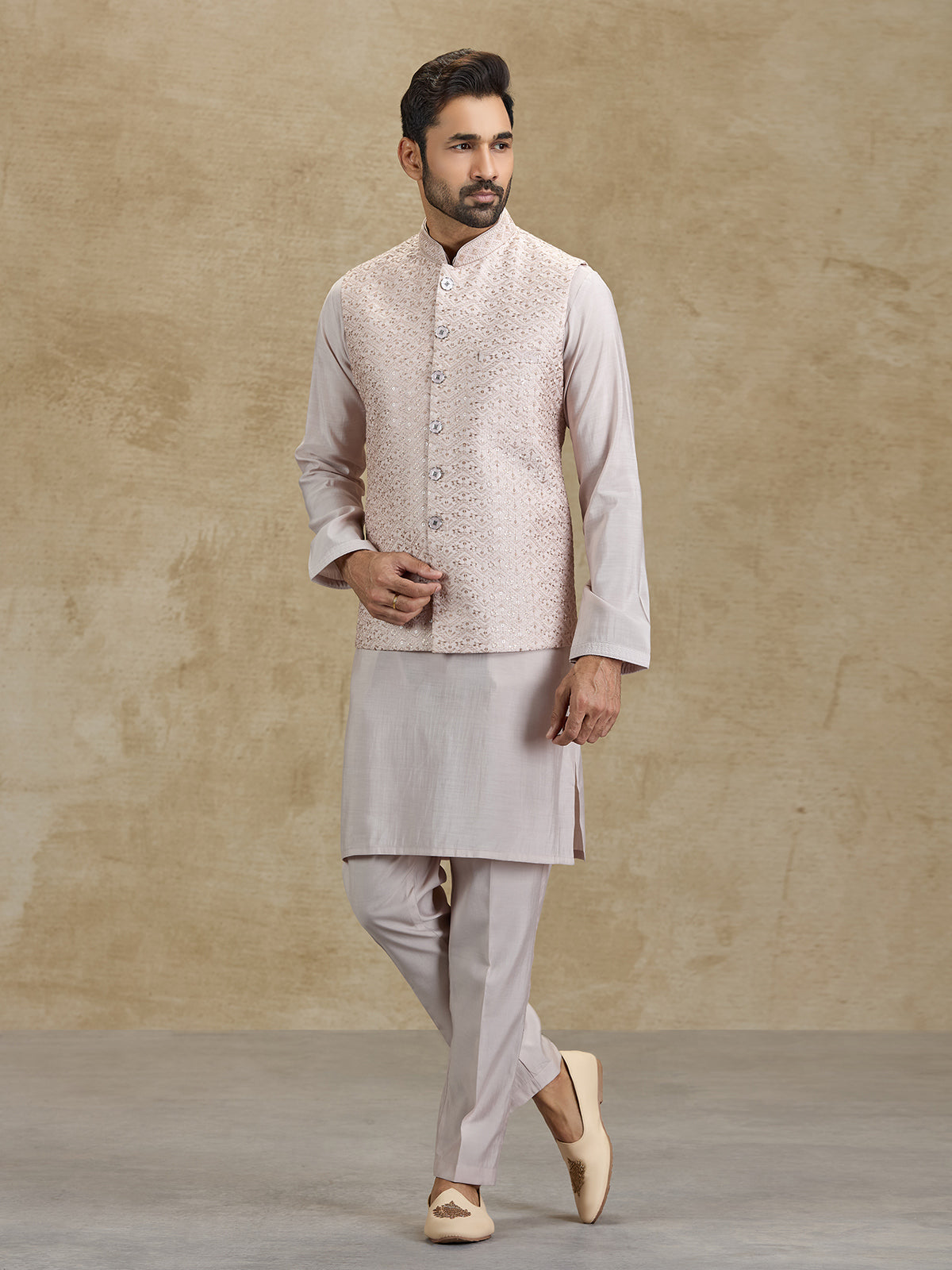 Light peach silk embroidered waistcoat set