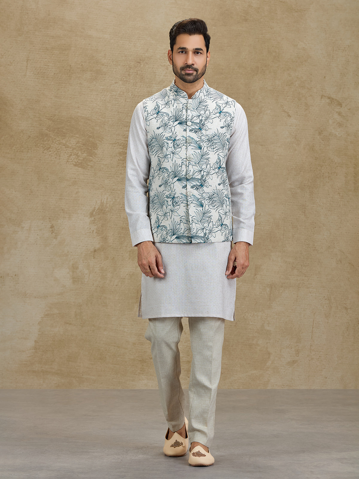 Off white and blue floral printed silk waistcoat set
