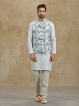 Off white and blue floral printed silk waistcoat set