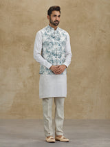 Off white and blue floral printed silk waistcoat set