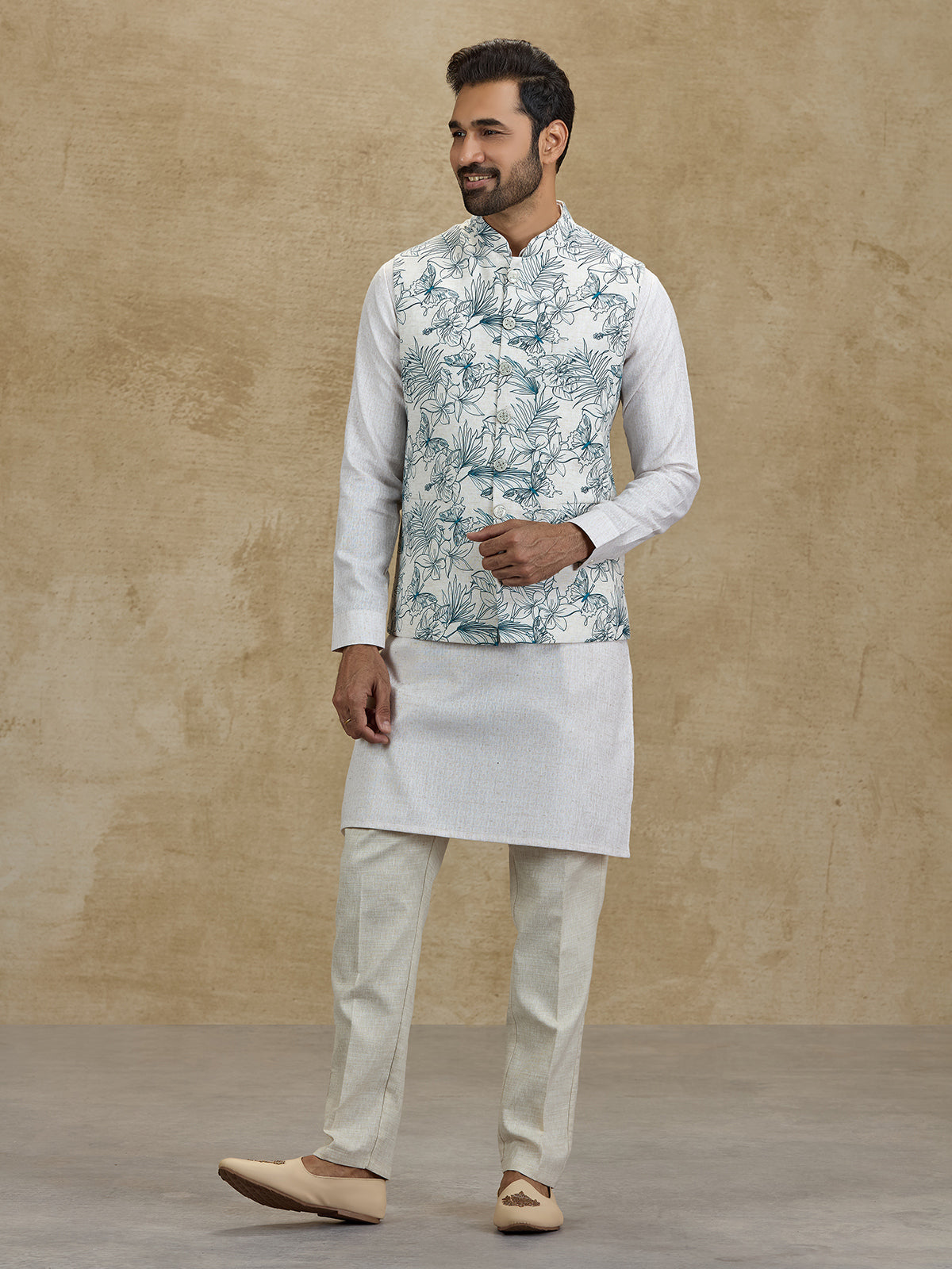 Off white and blue floral printed silk waistcoat set