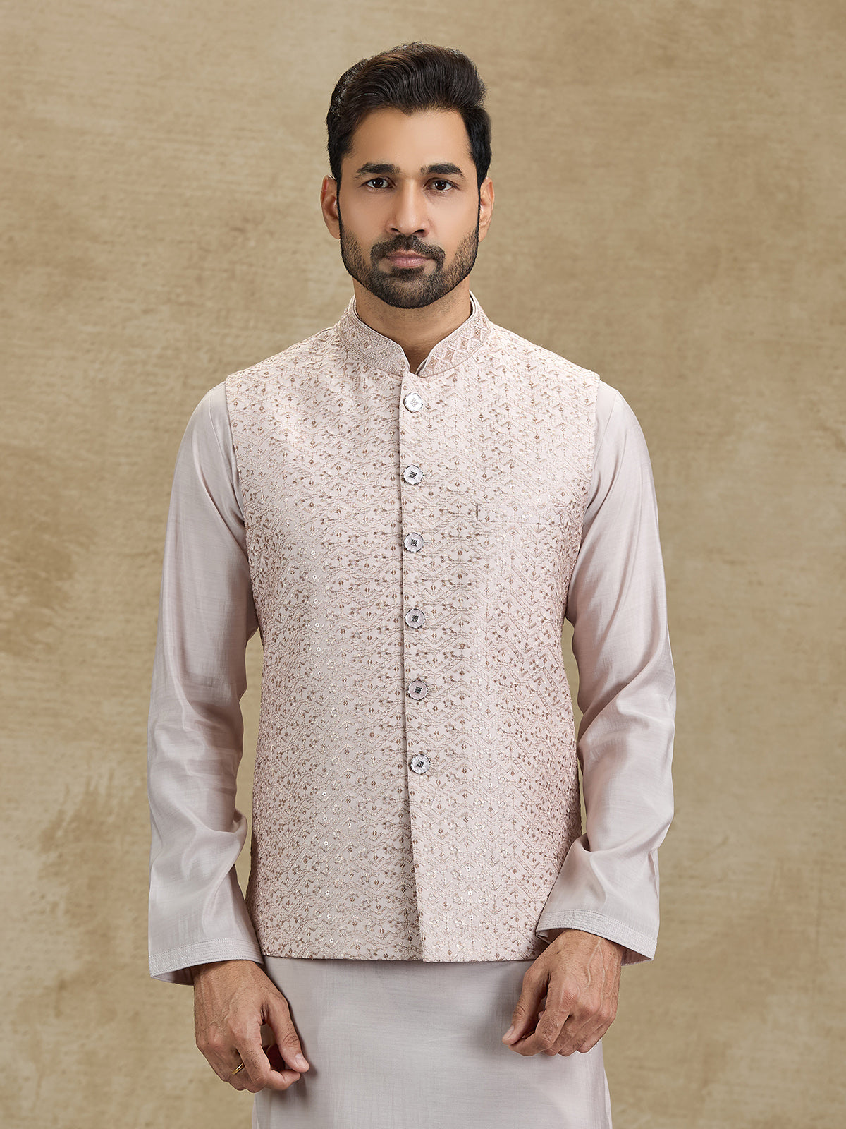 Light peach silk embroidered waistcoat set