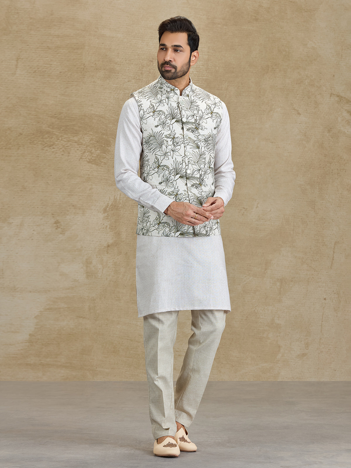 Off white and olive floral printed silk waistcoat set