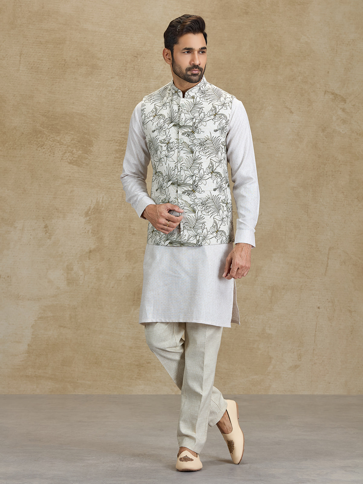Off white and olive floral printed silk waistcoat set
