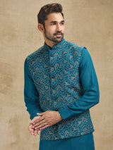Rama green woven jacquard silk waistcoat set