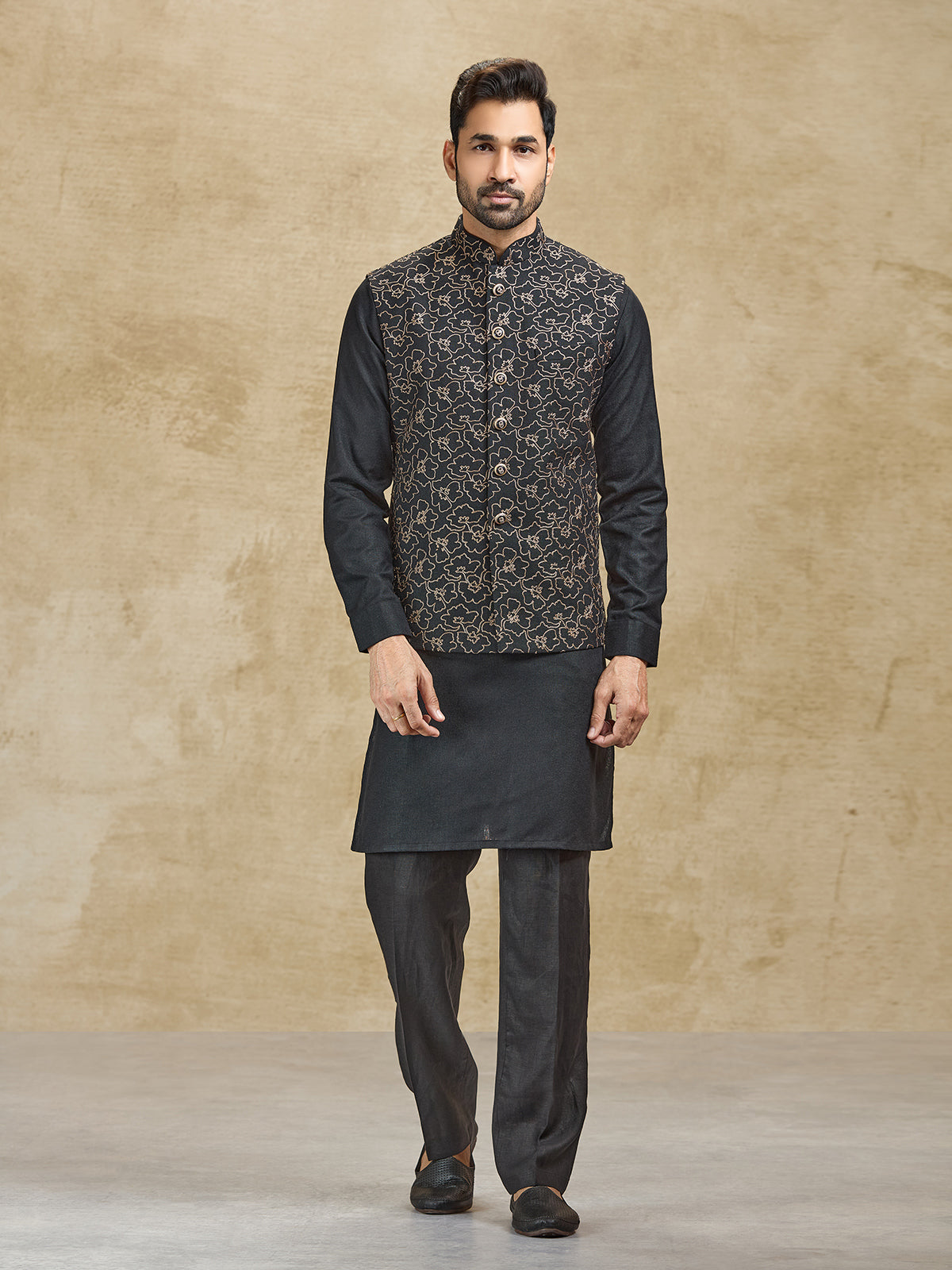 Black jacquard woven silk waistcoat set for men
