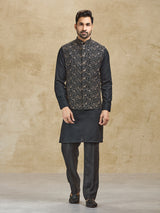 Black jacquard woven silk waistcoat set for men