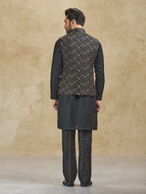 Black jacquard woven silk waistcoat set for men