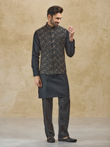 Black jacquard woven silk waistcoat set for men