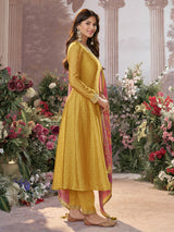 Yellow cotton silk anarkali suit with printed dupatta