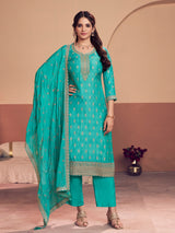 Aqua blue silk salwar suit with zari detailing