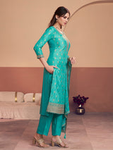 Aqua blue silk salwar suit with zari detailing